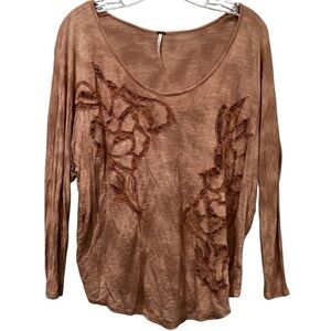 Free People Small Tan Floral Lace Cutout 3/4
sleeve Blouse Top Y1